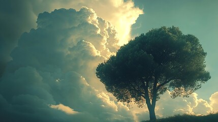 Fototapete - Trees beneath the dynamic clouds of the evening sky : Generative AI