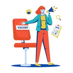 Wall Mural - job recruitment available position with a woman pointing at empty seat vector illustration