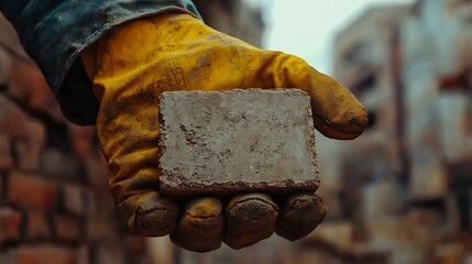 Poster - Male builder hand in gloves holding clay brick on background of brickwork wall Repair and redevelopment apartments concept : Generative AI