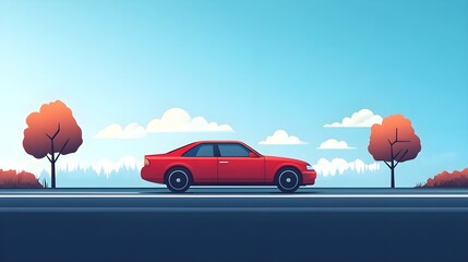 Wall Mural - flat design of a car driving on a road with minimal details