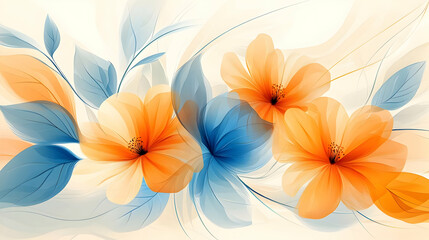 Poster - Delicate blue and orange floral arrangement with soft, translucent petals and leaves.