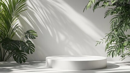 Poster - White Wall Studio BackgroundEmpty Grey Room Background with Light Leaves Shadow on Table Top Surface TextureBackdrop Mockup Display Podium Design for displaying product present of Cosm : Generative AI