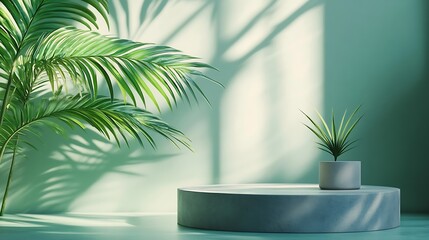 Aufkleber - Minimal abstract background for the presentation of a cosmetic product Premium podium with a shadow of tropical palm leaves on a pastel green wall and gray table Showcase display case : Generative AI