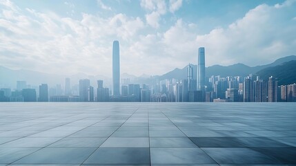 Poster - Empty square floor and city skyline with mountain scenery in Shenzhen : Generative AI