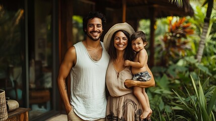 Portrait of smiling family standing in front of their design house surrounded by lush tropical garden : Generative AI