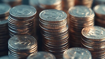 Poster - Stack of silver coins presentation at table going up as symbol of prosperity and rising income closeup : Generative AI