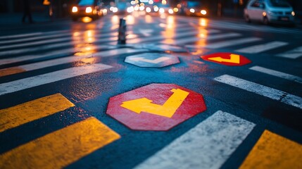 Poster - Elevated view of traffic signs painted on an avenue : Generative AI