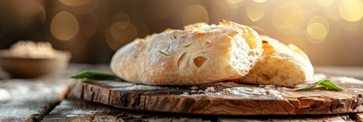 Poster - Ciabatta bread placed on a wooden board with a blurred background