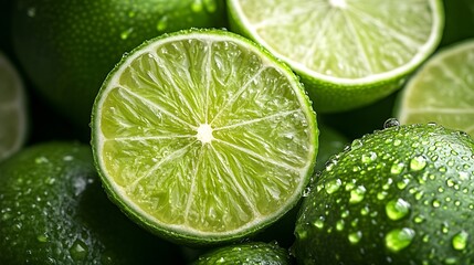 Poster - Natural fresh lime and lime cut in half Fresh ripe green limes as backgroundTop view : Generative AI