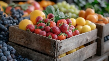 Poster - fresh fruits in wooden box : Generative AI