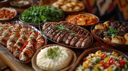 Poster - variety of restaurant dishes of national Georgian Armenian and Azerbaijani cuisine : Generative AI