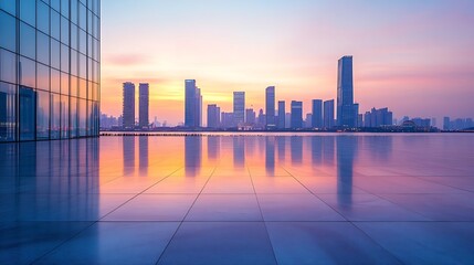 Empty floor and city skyline with modern building at sunset in Suzhou Jiangsu Province China high angle view : Generative AI