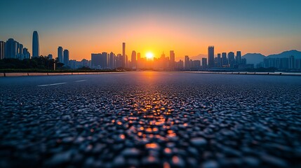 Asphalt road and city skyline with modern buildings at sunset : Generative AI