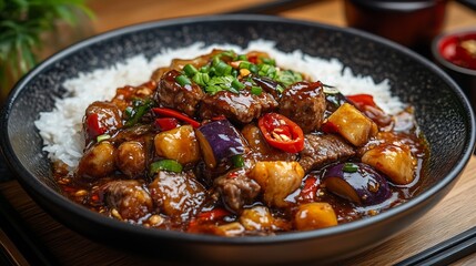 Poster - Malatang mala xiang guo kanpung eggplant Chinese Chinese food mala scent food meat meal rice dinner dish plate cuisine beef chicken pork sauce lunch fried vegetable : Generative AI