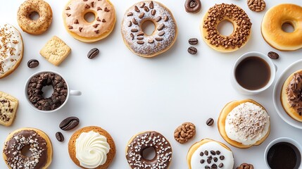 Poster - Table with various cookies donuts cakes cheesecakes and coffee cups on white background  Delicious dessert table Top view flat lay copy space : Generative AI