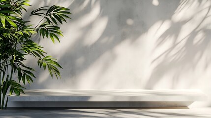 Aufkleber - White concrete empty table organic curtain and plant shadow on cement wall Summer exterior scene for product placement mockup Neutral minimal aesthetic : Generative AI