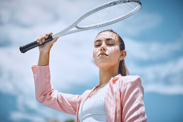 Canvas Print - Woman, portrait and racket for outdoor tennis, serious player and ready for competition by blue sky. Female person, professional athlete and confident for sports tournament, fitness and workout match