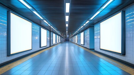 Poster - Two indoor outdoor city light mall shop template Blank billboard mock up in a subway station underground interior Urban light box inside advertisement metro airport vertical : Generative AI