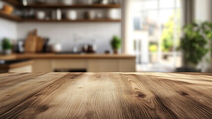 Poster - kitchen table background wood counter top on blur of white clean abstract home interior with bokeh  used for display or montage your wooden for dining background table banner podium : Generative AI