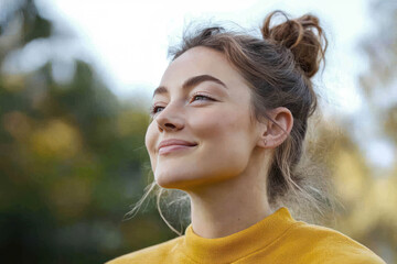 Wall Mural - Australian woman wearing yellow knitted sweatshirt in autumn park at sunny day