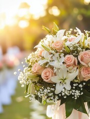 Poster - A stunning bridal bouquet filled with roses and lilies is showcased against a softly blurred backdrop of an outdoor wedding ceremony. Generative AI