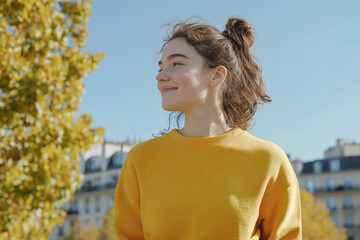 Wall Mural - French woman wearing yellow knitted sweatshirt in autumn park at sunny day