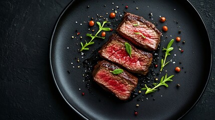 Poster - Beef Steak medium rare on a black plate Dark background Top view : Generative AI
