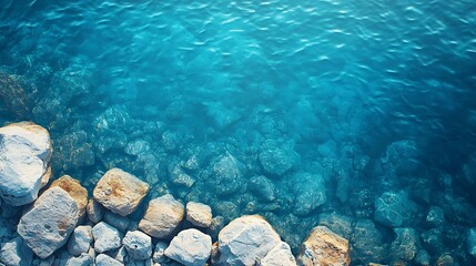 Poster - Abstract sea background Creative minimal beach concept Summer vacation layout with blue water and rocks on bright background Flat lay Greece landscape : Generative AI