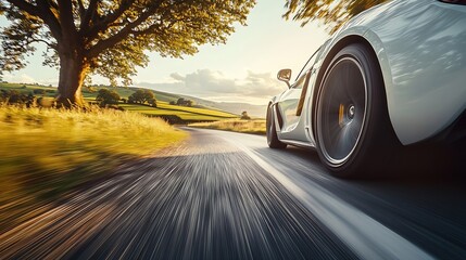Poster - Elegant car speeding down a scenic rural road : Generative AI