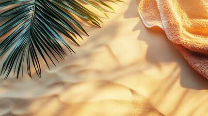 Aufkleber - Summer pastel background top view beach towel on sand shadow of palm leaf sunlight Summer beach day concept relaxation rest time Minimal design lifestyle background with empty space : Generative AI