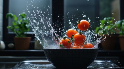 Wall Mural - Tomatoes Splashing into a Bowl of Water