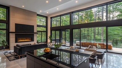 Contemporary modern home exterior and interior with floor to ceiling marble fireplace black granite countertops in the kitchen modern stylish furniture built in wall ovens custom fridg : Generative AI