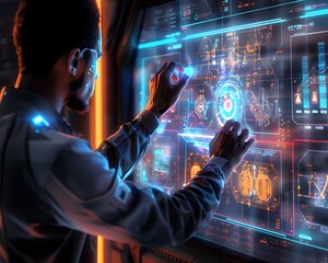 Poster - a futuristic scene of a person interacting with a high-tech holographic interface, showcasing advanc