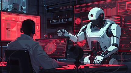 Poster - A futuristic scene showcasing a scientist interacting with an advanced robot in a tech-savvy environment filled with screens.