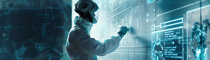 Poster - A futuristic scientist interacts with digital data in a high-tech laboratory environment, showcasing advanced technology and innovation.