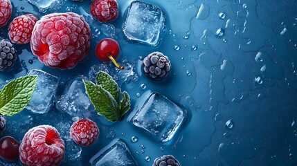 Aufkleber - Blue background with ice cubes with frozen berries and fruits and mint : Generative AI