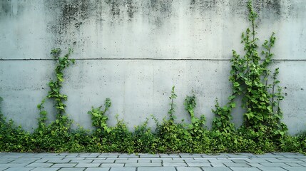 Poster - Grunge concrete wall at the roadiside with tiled cement sidewalk overgrown with weeds Background for copy space : Generative AI