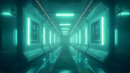 Canvas Print - Futuristic corridor with green neon lights and glowing screens.