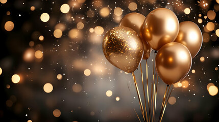 Poster - Gold Balloons with Glittery Finish and Bokeh Lights in the Background.