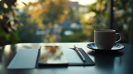 Poster - A smartphone notebook pen and cup on the table : Generative AI