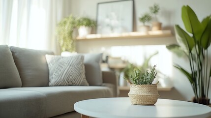 Wall Mural - Vertical shot of cozy living room with couch coffee table and white shelf with home decor on wall Elegant interior design in apartment Copy space : Generative AI