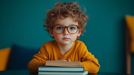 Poster - Cute little boy in eyeglasses with stack of book sitting at table against color wall : Generative AI