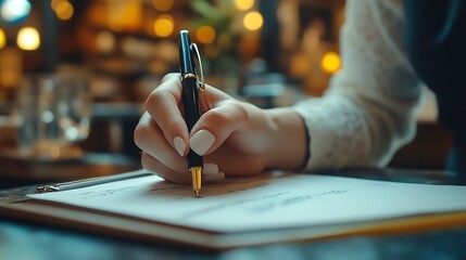 Poster - Close up Businesswoman hand taking notes working at a caf : Generative AI