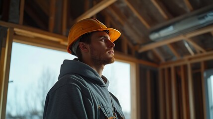 Aufkleber - Man builder Engineer works at construction site Builder in gray uniform Foreman inside unfinished house Contractor uses equipment for construction Frame of wooden house above man build : Generative AI
