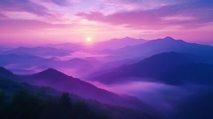 Fototapete - Romantic landscape sunset foggy mountain in evening twilight Beautiful landscape foggy hills twilight time Beautiful Purple sky sunrise dramatic landscape mountain Dawn sky dusk time c : Generative AI