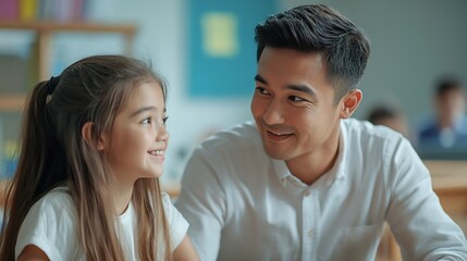 Poster - In school asian male teacher is helping biracial female student in the classroom with copy space : Generative AI