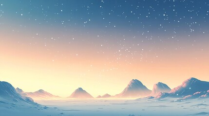 Illustration of a peaceful alien landscape with softly glowing mountains and a tranquil, clear sky filled with distant stars