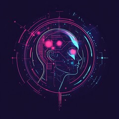 Wall Mural - Neon Digital Head with Circuitry Inside a Circle