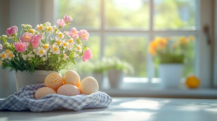 Poster - Easter eggs and spring flowers on white table over blurry kitchen window background : Generative AI