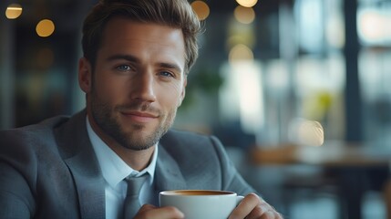 Aufkleber - Young businessman drinking coffee in her office Handsome man on coffee break : Generative AI